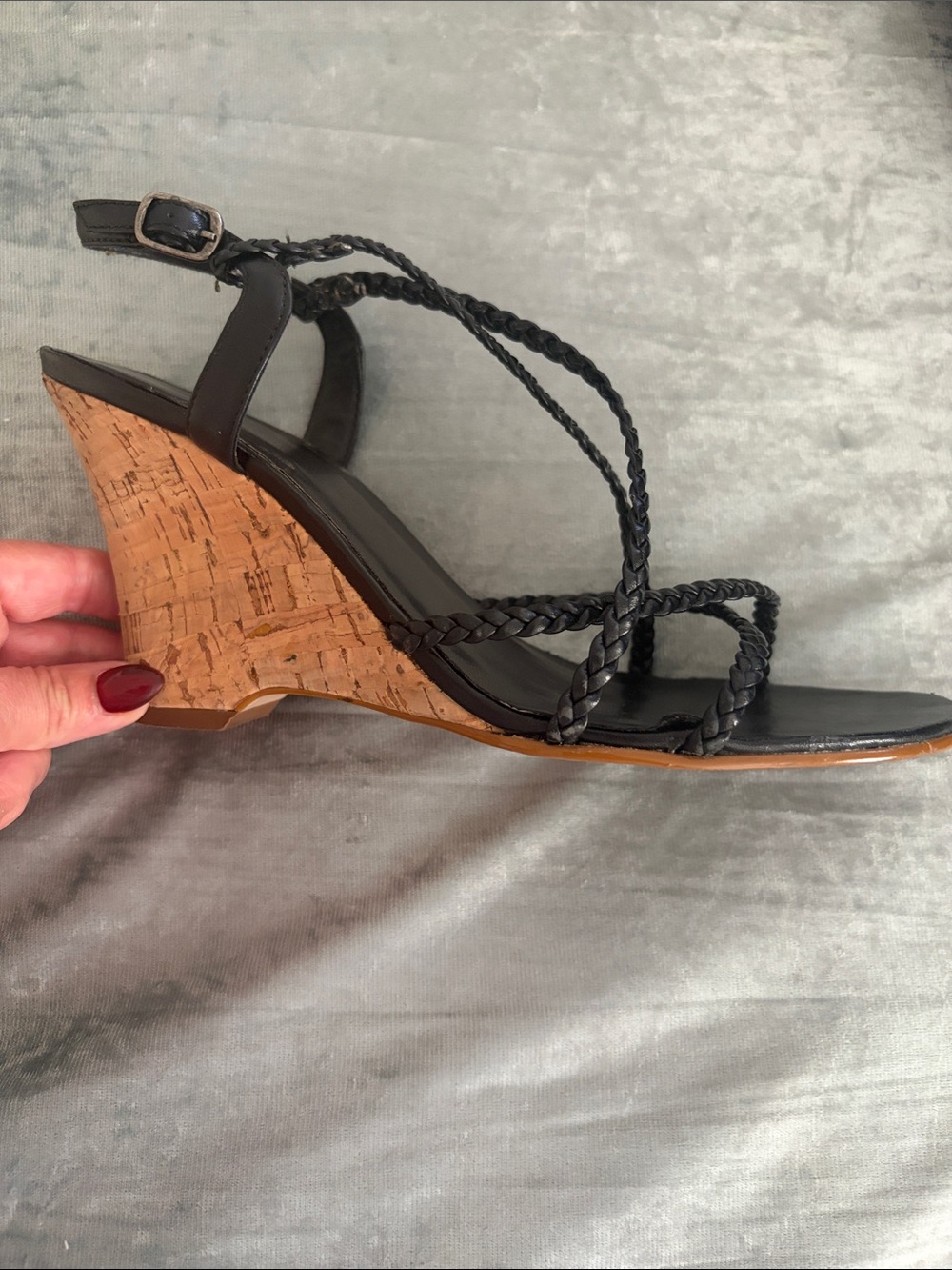 Cathy Jean Black Braided Strap Cork Wedge Sandals